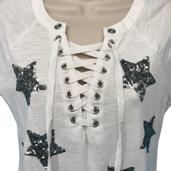 NWOT INC Womens White Lace Up Glitter Stars Tee Shirt Size S - Picture 2 of 7